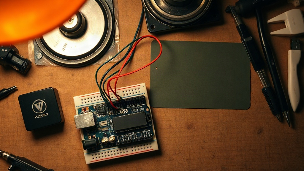 Maker electronics bench with breadboard and microcontroller